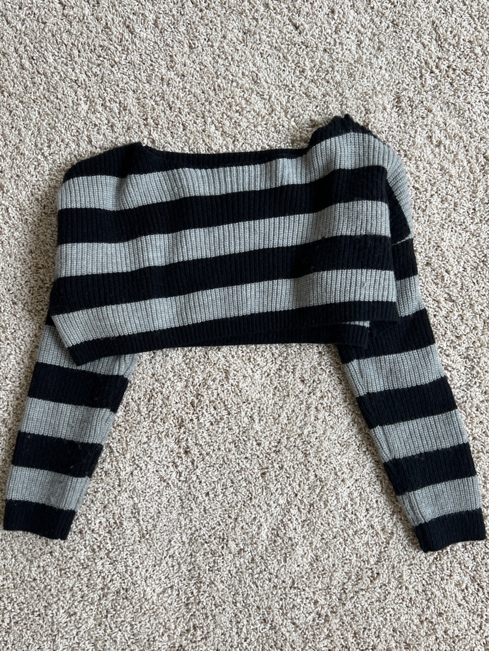 Striped Black & Gray Cropped Knit Off-Shoulder Sweater Top